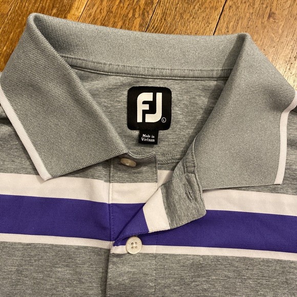 FootJoy Golf Polo Athletic Fit Mens Large Shirt Gray- Lavender White Stripe Logo - Picture 2 of 12